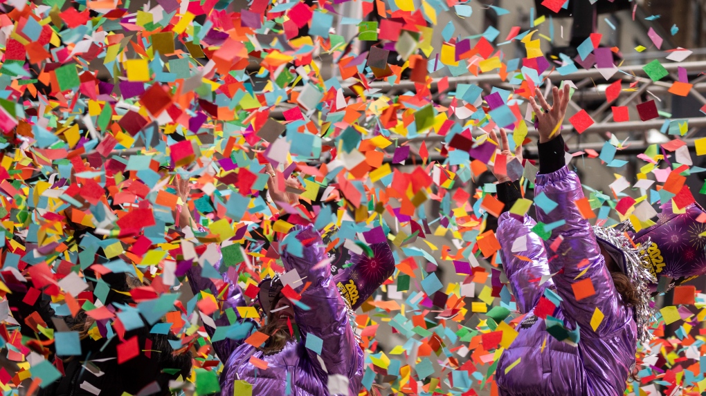 Confetti is released during a confetti test ahead of New Year's Eve in Times Square, Friday, Dec. 29, 2023, in New York. (AP Photo/Yuki Iwamura)