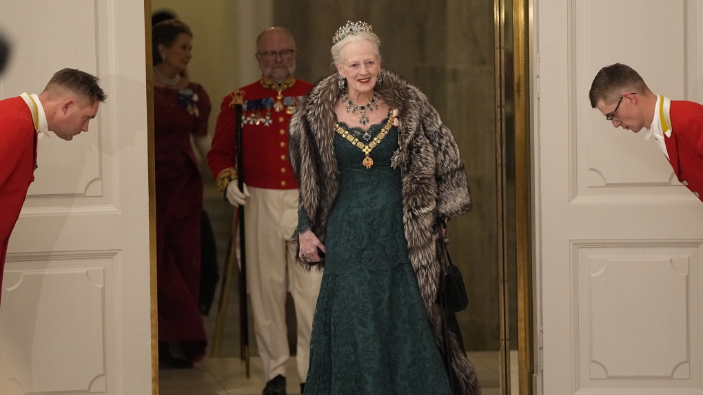 Denmark's Queen Margrethe arrives for the State Banquet at Christiansborg Castle in Copenhagen, Monday Nov. 6, 2023. (Mads Claus Rasmussen/Ritzau Scanpix via AP)